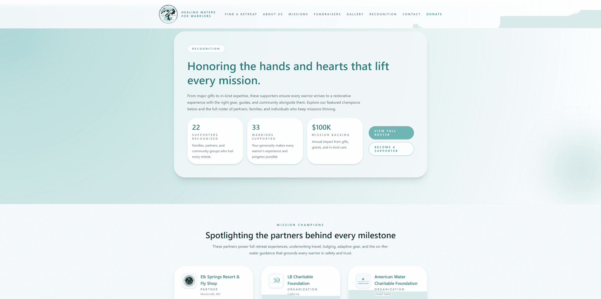 A stylized preview of the Healing Waters for Warriors site showing mission copy, calls to action, and impact statistics.
